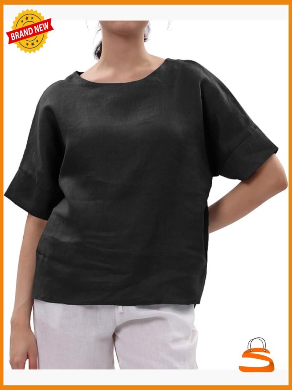 100% Linen Tops Crewneck Short Sleeve Blouses Casual Summer Loose Fit T-Shirt